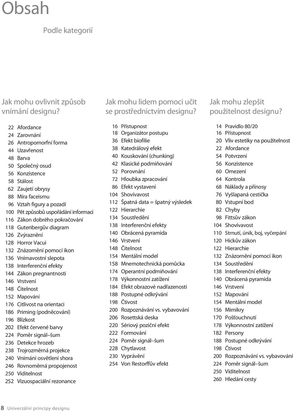 uspořádání informací 116 Zákon dobrého pokračování 118 Gutenbergův diagram 126 Zvýraznění 128 Horror Vacui 132 Znázornění pomocí ikon 136 Vnímavostní slepota 138 Interferenční efekty 144 Zákon