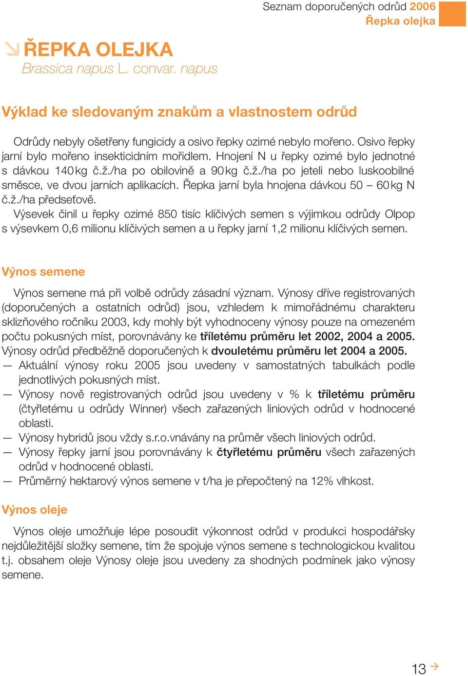 Osivo řepky jarní bylo mořeno insekticidním mořidlem. Hnojení N u řepky ozimé bylo jednotné s dávkou 140 kg č.ž./ha po obilovině a 90 kg č.ž./ha po jeteli nebo luskoobilné směsce, ve dvou jarních aplikacích.