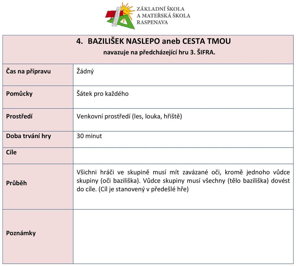 hráči ve skupině musí mít zavázané oči, kromě jednoho vůdce skupiny (oči baziliška).