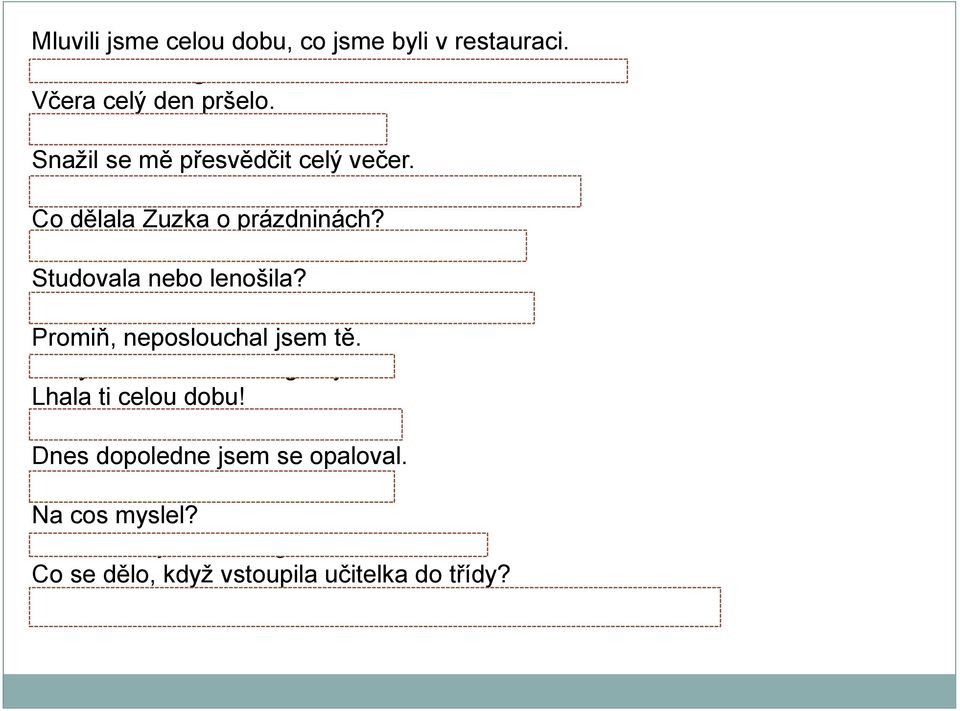 Was she studying or lazying around? Promiň, neposlouchal jsem tě. Sorry, I was not listening to you. Lhala ti celou dobu! She was lying to you all the time!