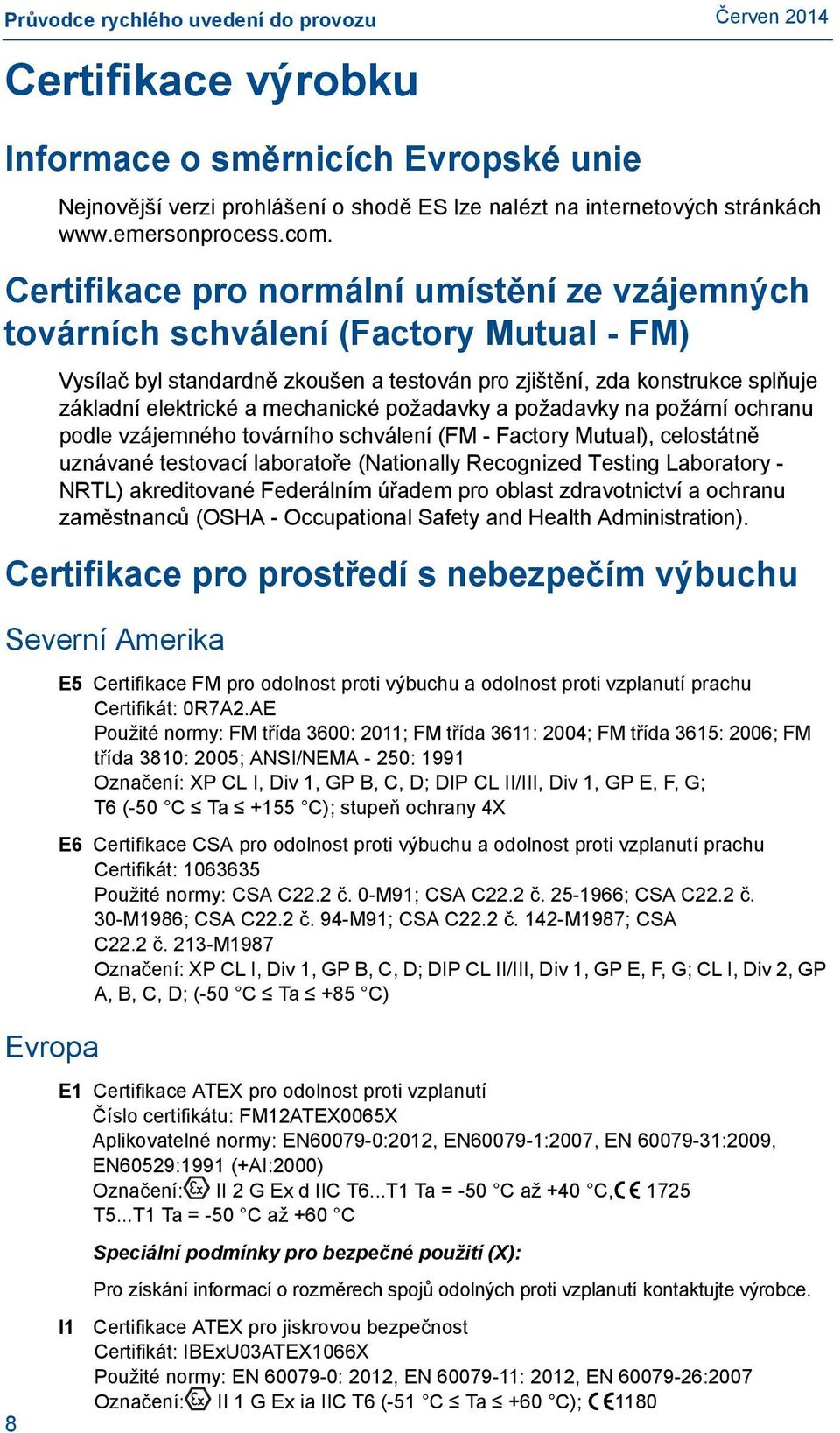 mechanické požadavky a požadavky na požární ochranu podle vzájemného továrního schválení (FM - Factory Mutual), celostátně uznávané testovací laboratoře (Nationally Recognized Testing Laboratory -