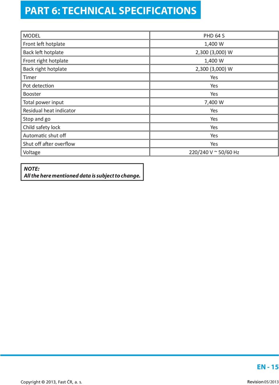 Automa c shut off Shut off a er overflow Voltage PHD 64 S 1,400 W 2,300 (3,000) W 1,400 W 2,300 (3,000) W Yes