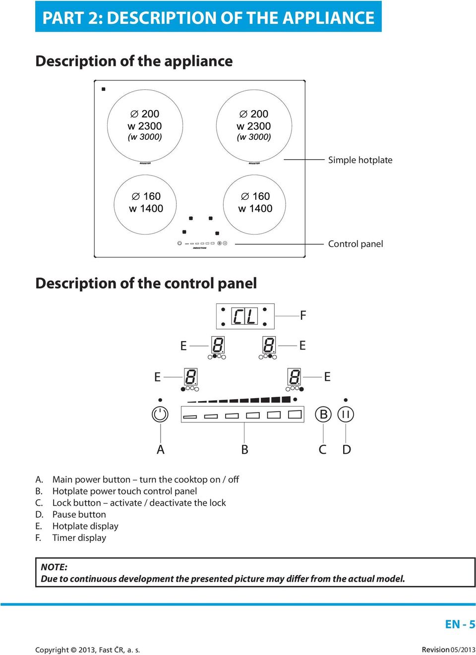 Hotplate power touch control panel C. Lock button activate / deactivate the lock D. Pause button E.