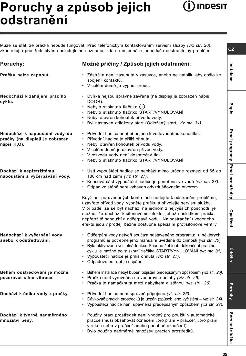 Nedochází k napouštìní vody do praèky (na displeji je zobrazen nápis H 2 O). Dochází k nepøetržitému napouštìní a vyèerpávání vody. Nedochází k vyèerpání vody anebo k odstøeïování.