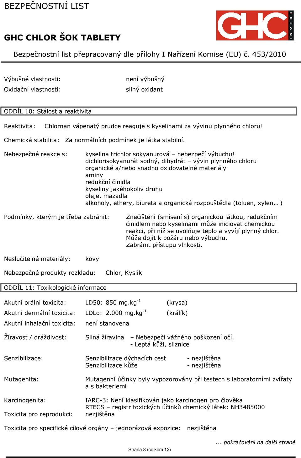 dichlorisokyanurát sodný, dihydrát vývin plynného chloru organické a/nebo snadno oxidovatelné materiály aminy redukční činidla kyseliny jakéhokoliv druhu oleje, mazadla alkoholy, ethery, biureta a