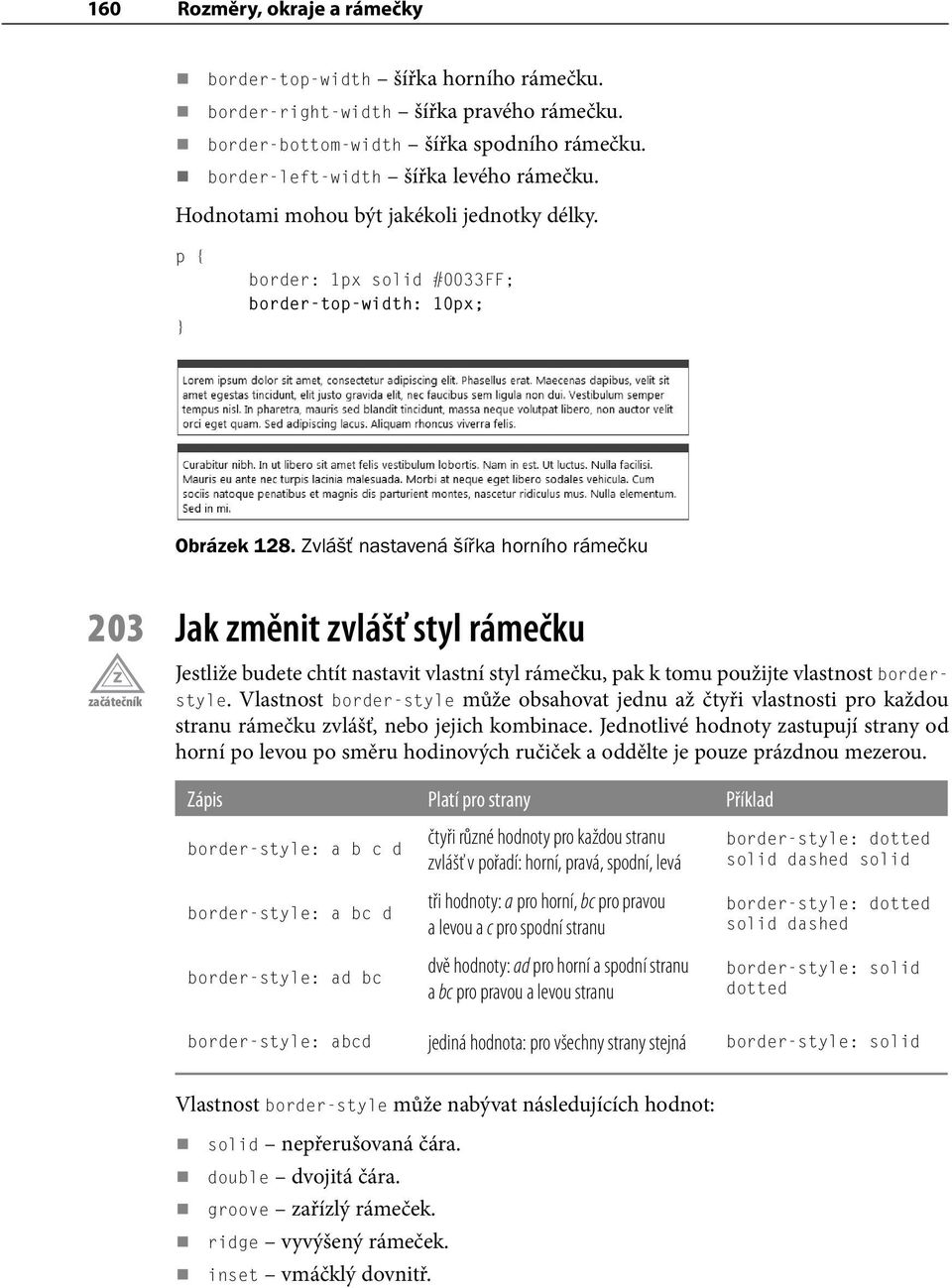 Zvlášť nastavená šířka horního rámečku 203 Jak změnit zvlášť styl rámečku Jestliže budete chtít nastavit vlastní styl rámečku, pak k tomu použijte vlastnost borderstyle.