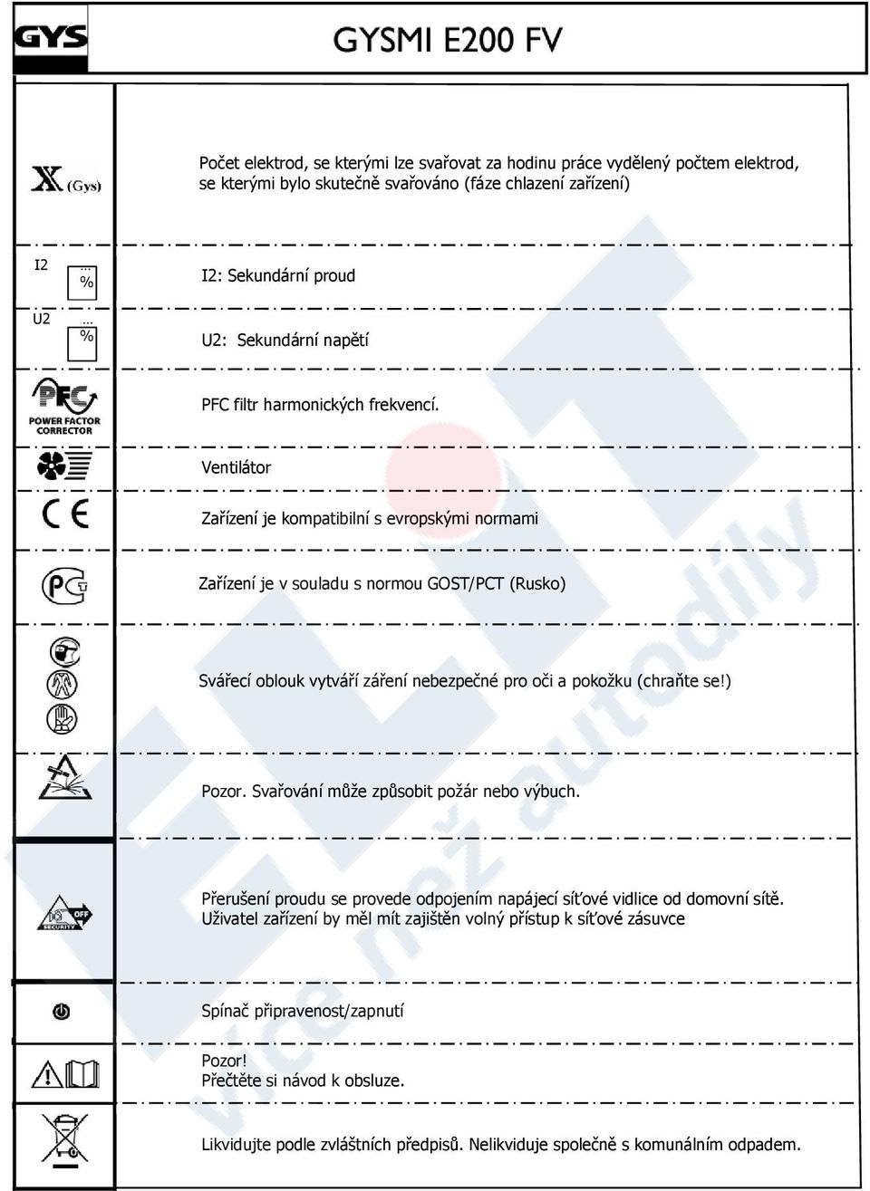 Ventilátor Zařízení je kompatibilní s evropskými normami Zařízení je v souladu s normou GOST/PCT (Rusko) Svářecí oblouk vytváří záření nebezpečné pro oči a pokožku (chraňte se!) Pozor.