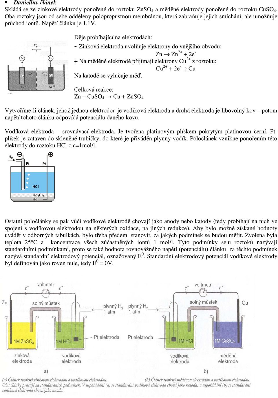 Děje probíhající na elektrodách: - Zinková elektroda uvolňuje elektrony do vnějšího obvodu: Zn Zn 2+ + 2e - + Na měděné elektrodě přijímají elektrony Cu 2+ z roztoku: Cu 2+ + 2e - Cu Na katodě se