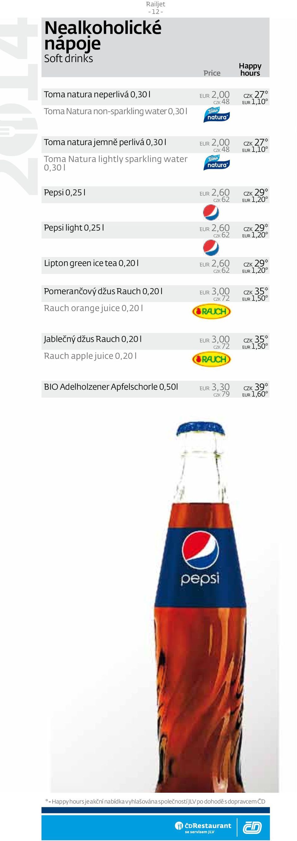 green ice tea 0,20 l EUR 2,60 CZK 62 Pomerančový džus Rauch 0,20 l EUR 3,00 CZK 72 Rauch orange juice 0,20 l CZK 29* EUR 1,20* CZK 35* EUR 1,50* Jablečný džus Rauch 0,20 l EUR 3,00 CZK