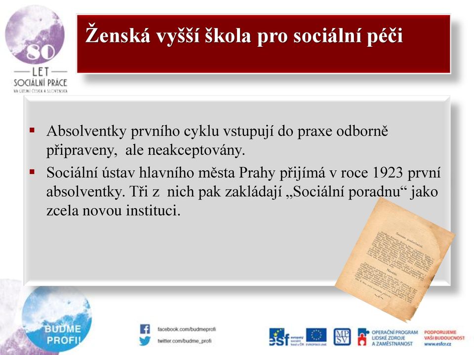 Sociální ústav hlavního města Prahy přijímá v roce 1923 první