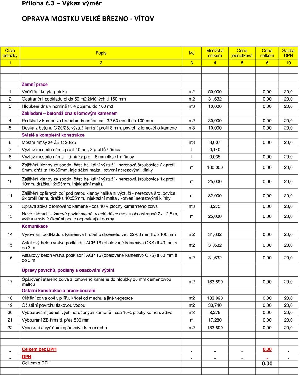 2 Odstranění podkladu pl do 50 m2 živičných tl 150 mm m2 31,632 0,00 20,0 3 Hloubení dna v hornině tř.