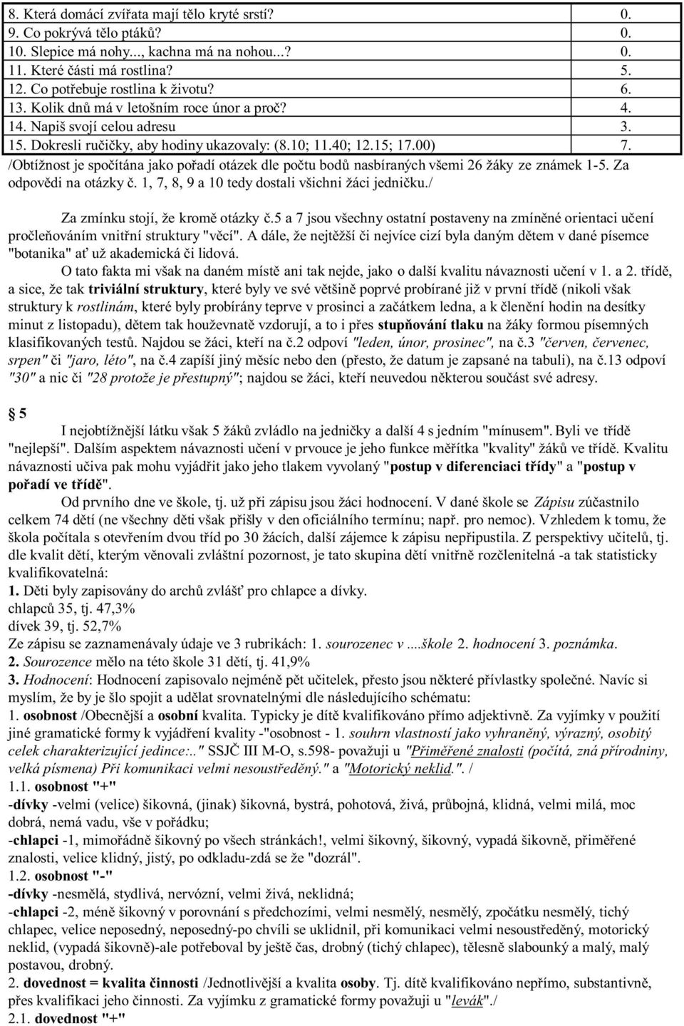 /Obtížnost je spočítána jako pořadí otázek dle počtu bodů nasbíraných všemi 26 žáky ze známek 1-5. Za odpovědi na otázky č. 1, 7, 8, 9 a 10 tedy dostali všichni žáci jedničku.