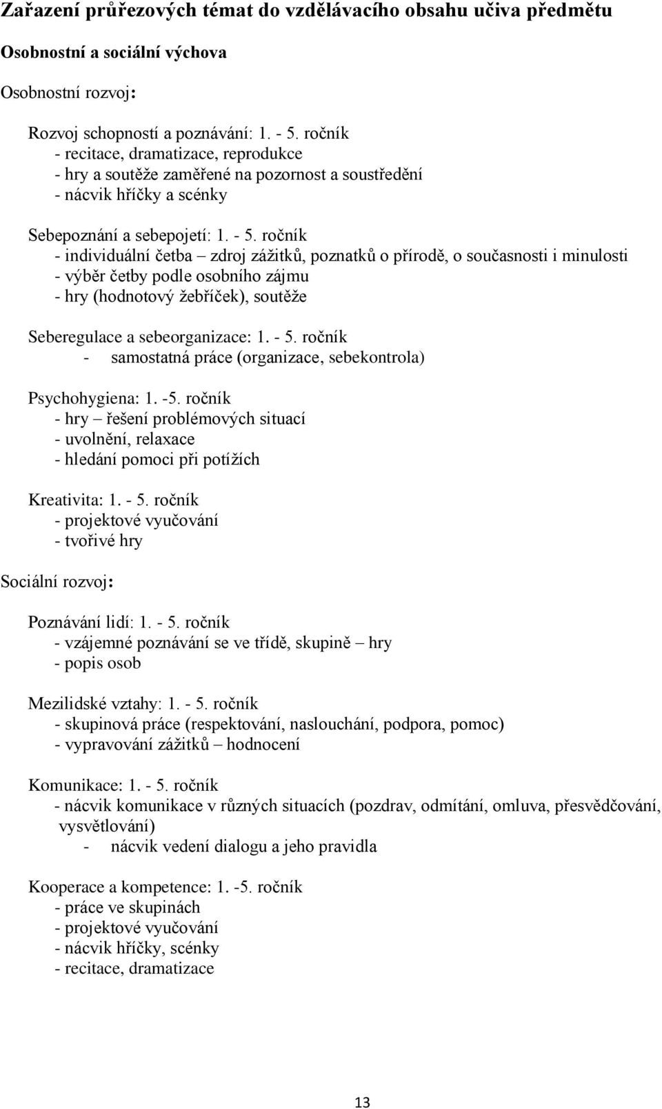ročník - individuální četba zdroj zážitků, poznatků o přírodě, o současnosti i minulosti - výběr četby podle osobního zájmu - hry (hodnotový žebříček), soutěže Seberegulace a sebeorganizace: 1. - 5.