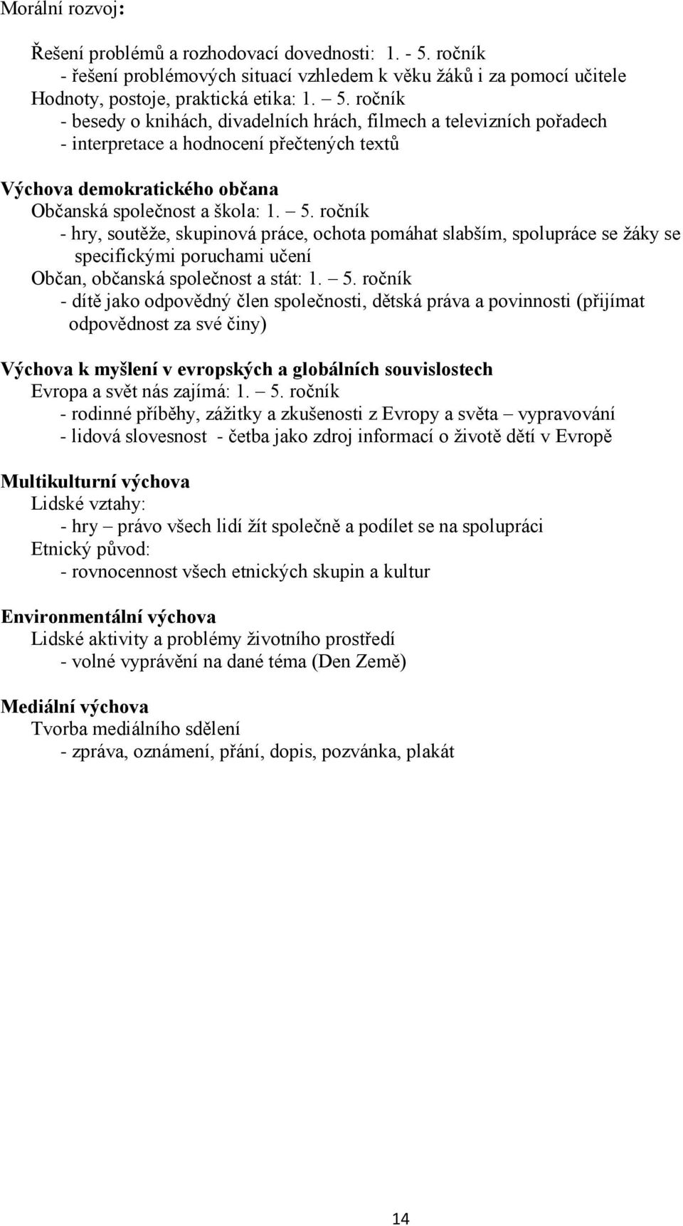 ročník - besedy o knihách, divadelních hrách, filmech a televizních pořadech - interpretace a hodnocení přečtených textů Výchova demokratického občana Občanská společnost a škola: 1. 5.