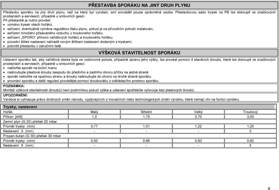 Při přestavbě je nutno provést: výměnu trysek všech hořáků, seřízení, eventuálně výměna regulátoru tlaku plynu, pokud je na přívodním potrubí instalován, seřízení množství přisávaného vzduchu u