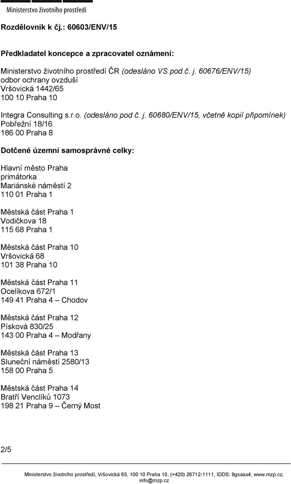 60680/ENV/15, včetně kopií připomínek) Pobřežní 18/16 186 00 Praha 8 Dotčené územní samosprávné celky: Hlavní město Praha primátorka Mariánské náměstí 2 Městská část Praha 1 Vodičkova 18