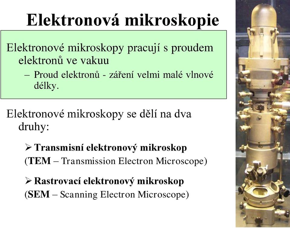 Elektronové mikroskopy se dělí na dva druhy: Transmisní elektronový mikroskop