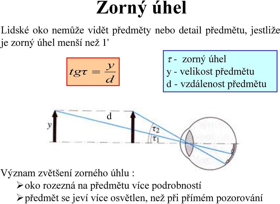 vzdálenost předmětu d Význam zvětšení zorného úhlu : oko rozezná na