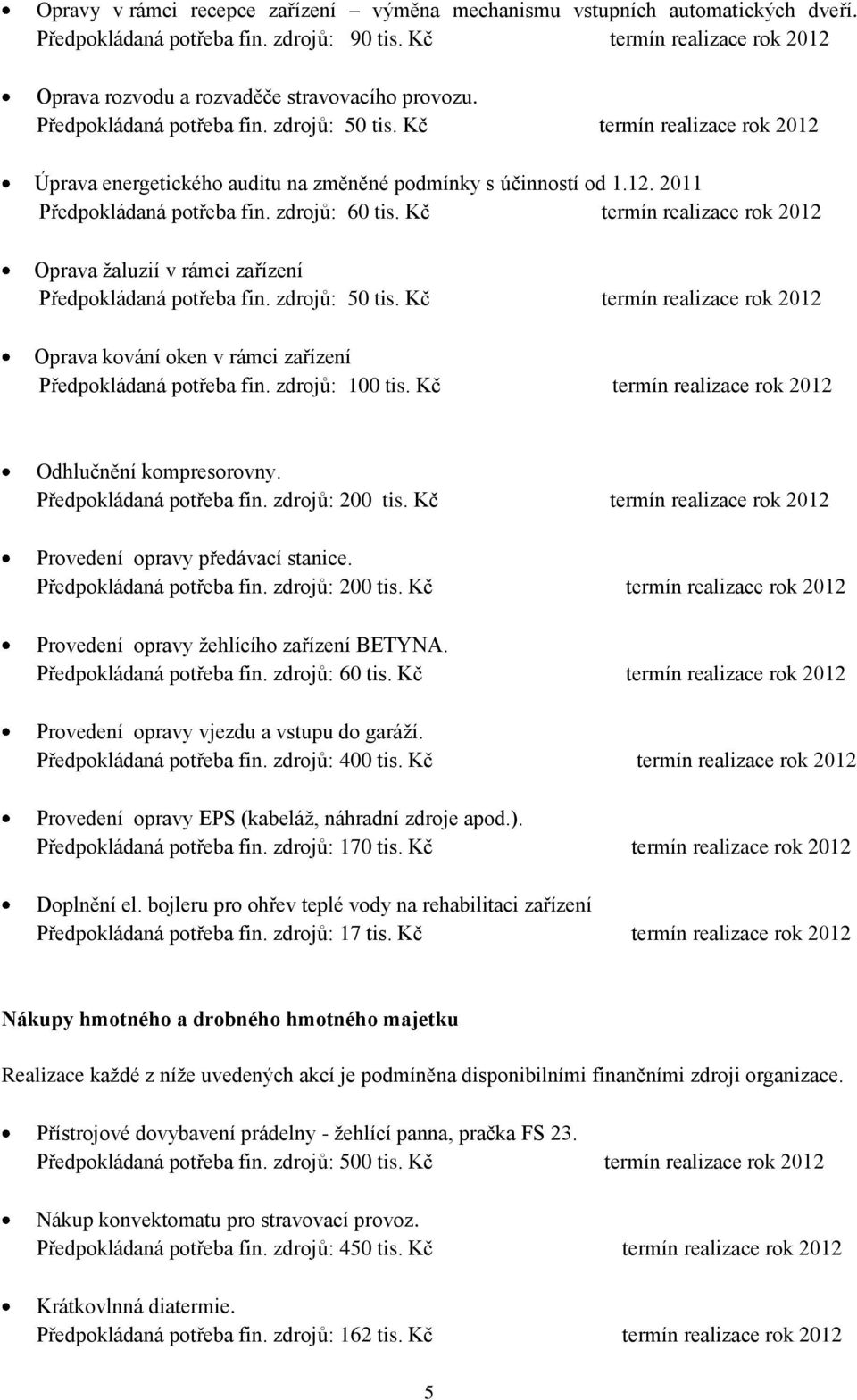 Kč termín realizace rok 2012 Úprava energetického auditu na změněné podmínky s účinností od 1.12. 2011 Předpokládaná potřeba fin. zdrojů: 60 tis.