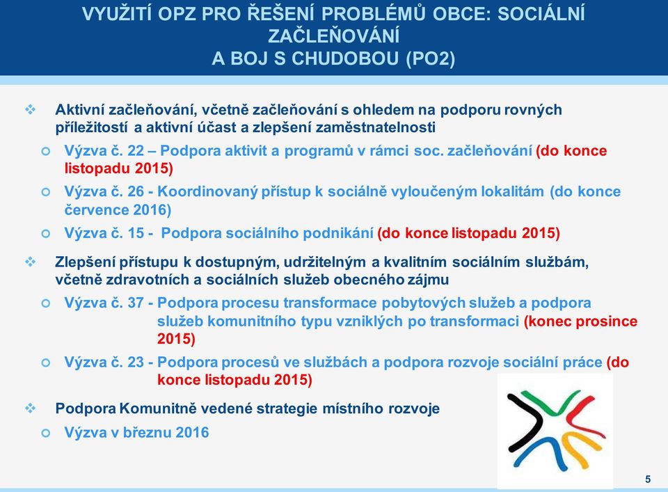 15 - Podpora sociáního podnikání (do konce istopadu 2015) Zepšení přístupu k dostupným, udržiteným a kaitním sociáním sužbám, četně zdraotních a sociáních sužeb obecného zájmu Výza č.