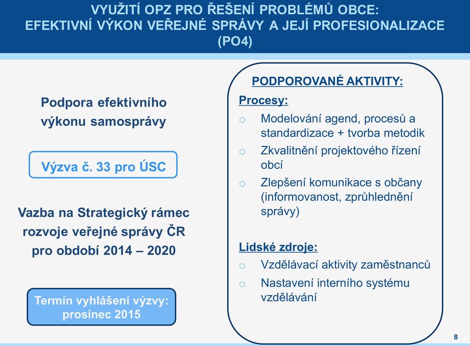 33 pro ÚSC Vazba na Strategický rámec rozoje eřejné spráy ČR pro období 2014 2020 Termín yhášení ýzy: prosinec 2015 Procesy: o o o