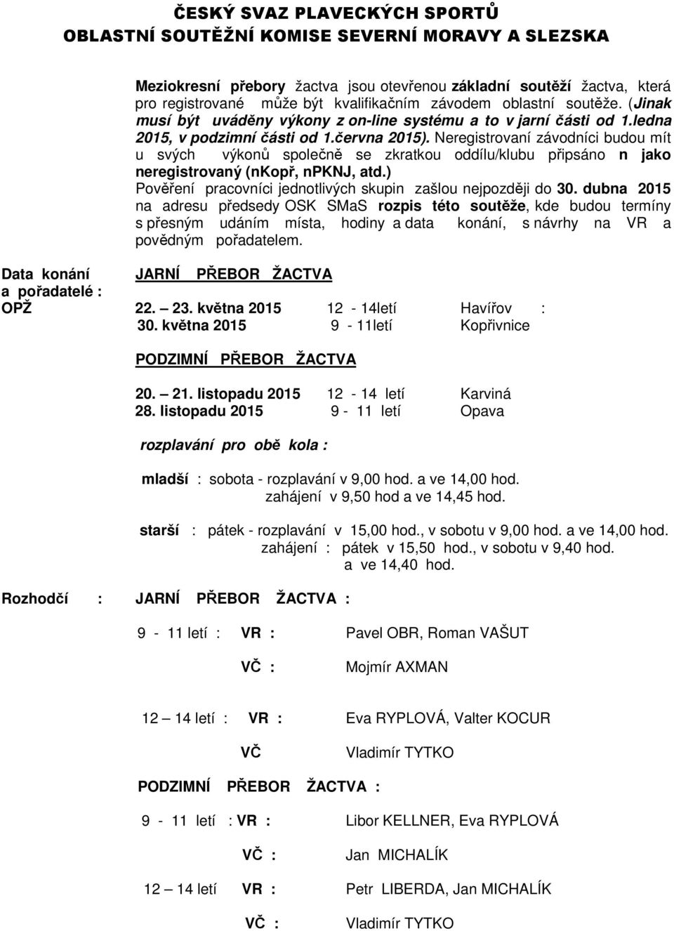 Neregistrovaní závodníci budou mít u svých výkonů společně se zkratkou oddílu/klubu připsáno n jako neregistrovaný (nkopř, npknj, atd.) Pověření pracovníci jednotlivých skupin zašlou nejpozději do 30.
