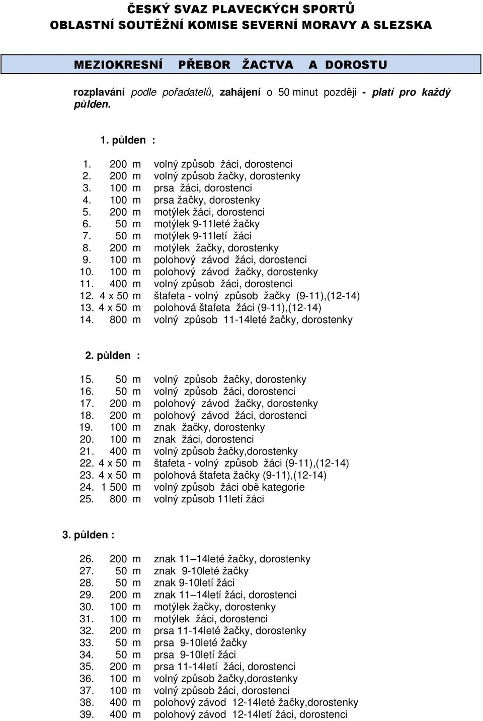 50 m motýlek 9-11leté žačky 7. 50 m motýlek 9-11letí žáci 8. 200 m motýlek žačky, dorostenky 9. 100 m polohový závod žáci, dorostenci 10. 100 m polohový závod žačky, dorostenky 11.