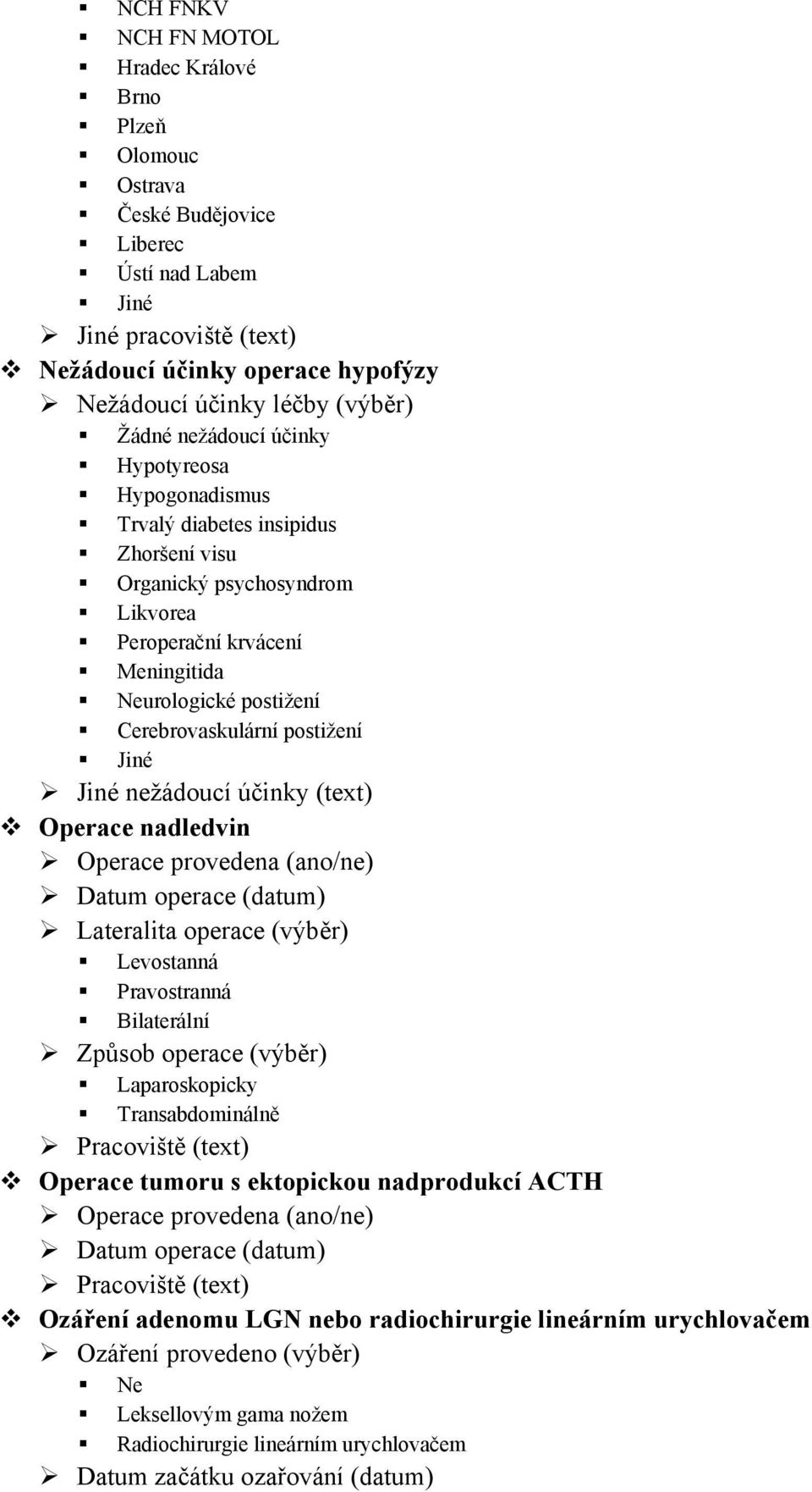 Jiné nežádoucí účinky (text) Operace nadledvin Operace provedena (ano/ne) Datum operace (datum) Lateralita operace (výběr) Levostanná Pravostranná Bilaterální Způsob operace (výběr) Laparoskopicky