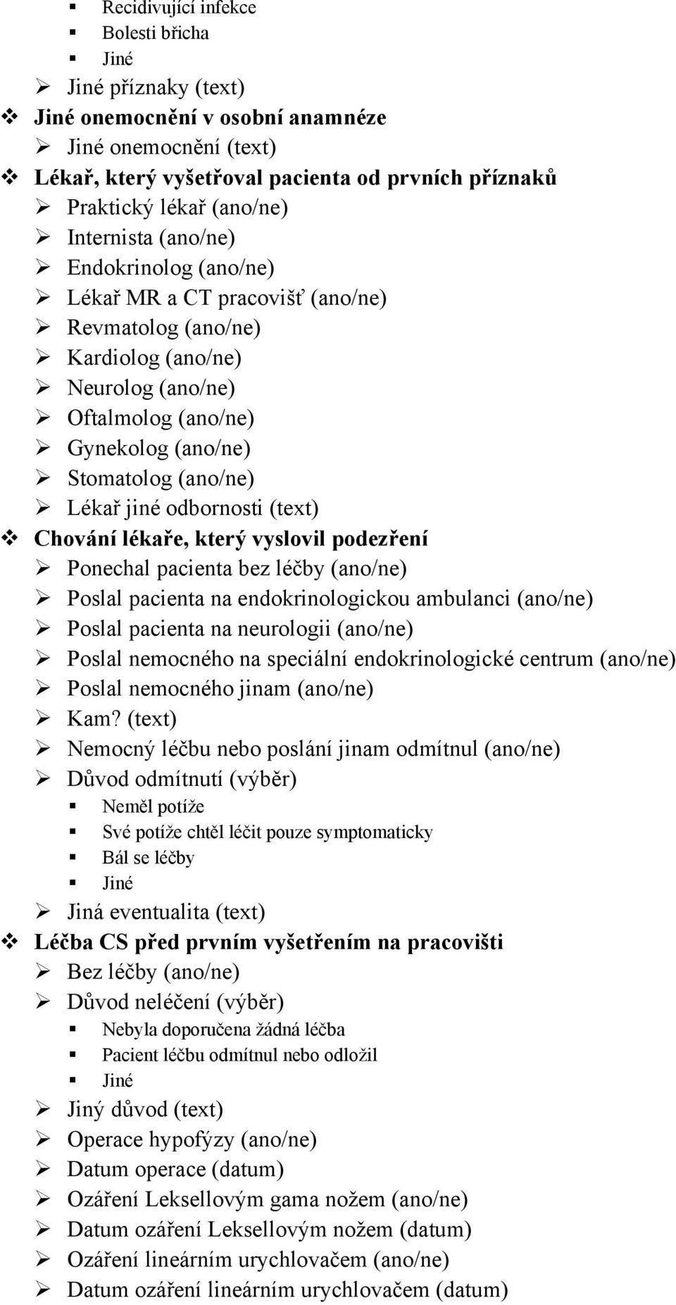 jiné odbornosti (text) Chování lékaře, který vyslovil podezření Ponechal pacienta bez léčby (ano/ne) Poslal pacienta na endokrinologickou ambulanci (ano/ne) Poslal pacienta na neurologii (ano/ne)