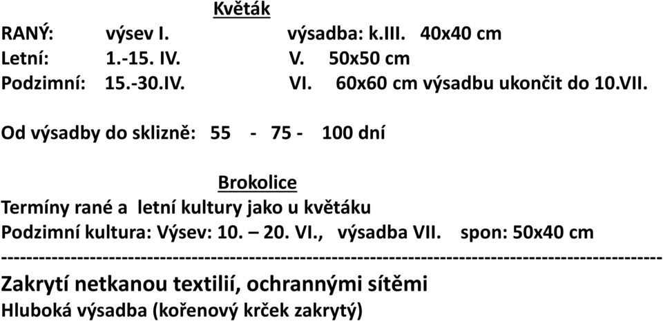 Od výsadby do sklizně: 55-75 - 100 dní Brokolice Termíny rané a letní kultury jako u květáku Podzimní kultura: Výsev: 10.