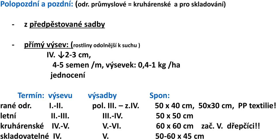 suchu ) IV. 2-3 cm, 4-5 semen /m, výsevek: 0,4-1 kg /ha jednocení Termín: výsevu výsadby Spon: rané odr.