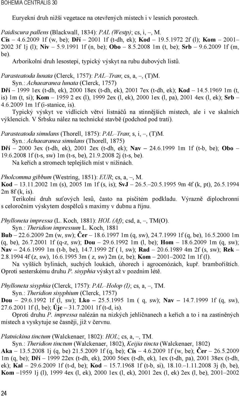 Arborikolní druh lesostepí, typický výskyt na rubu dubových listů. Parasteatoda lunata (Clerck, 1757): PAL Tran; cs, a,, (T)M. Syn.