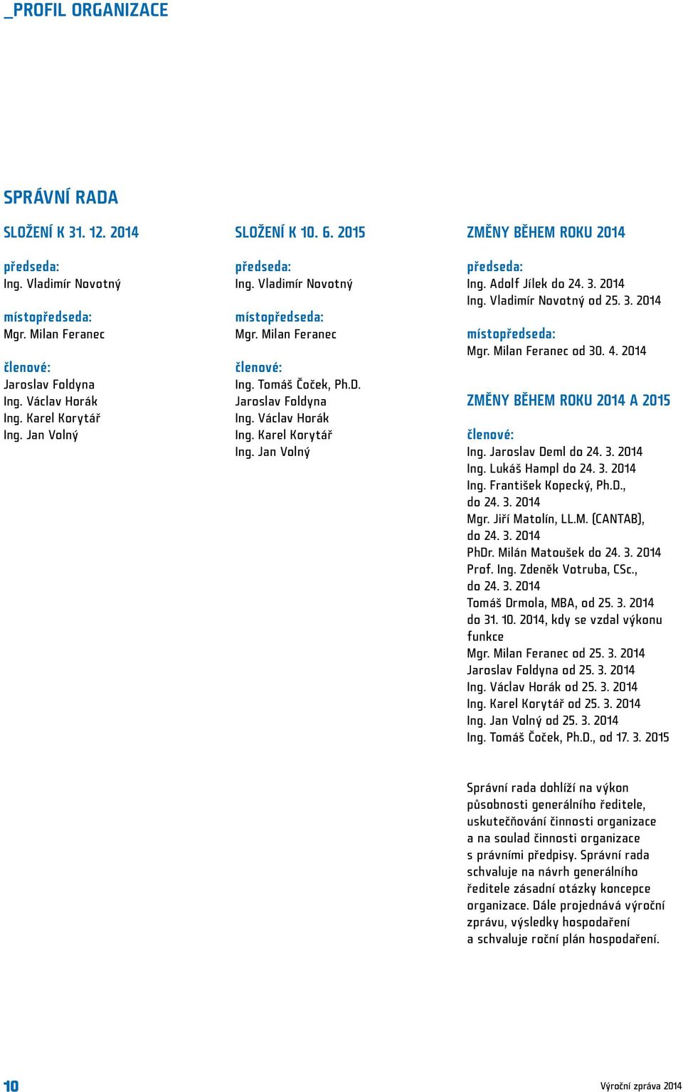 Jan Volný Změny během roku 2014 předseda: Ing. Adolf Jílek do 24. 3. 2014 Ing. Vladimír Novotný od 25. 3. 2014 místopředseda: Mgr. Milan Feranec od 30. 4.