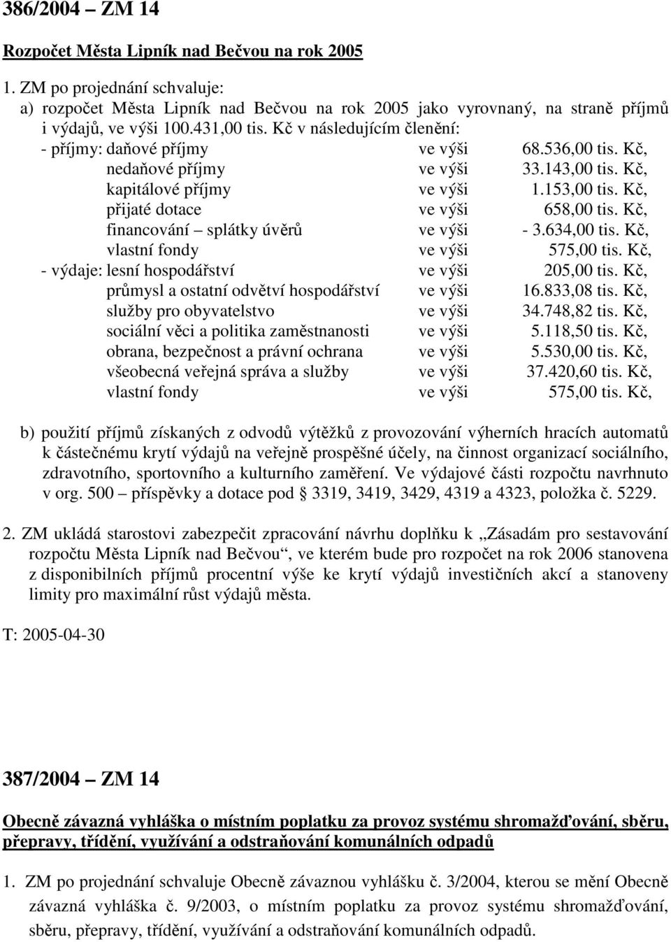 Kč, přijaté dotace ve výši 658,00 tis. Kč, financování splátky úvěrů ve výši - 3.634,00 tis. Kč, vlastní fondy ve výši 575,00 tis. Kč, - výdaje: lesní hospodářství ve výši 205,00 tis.