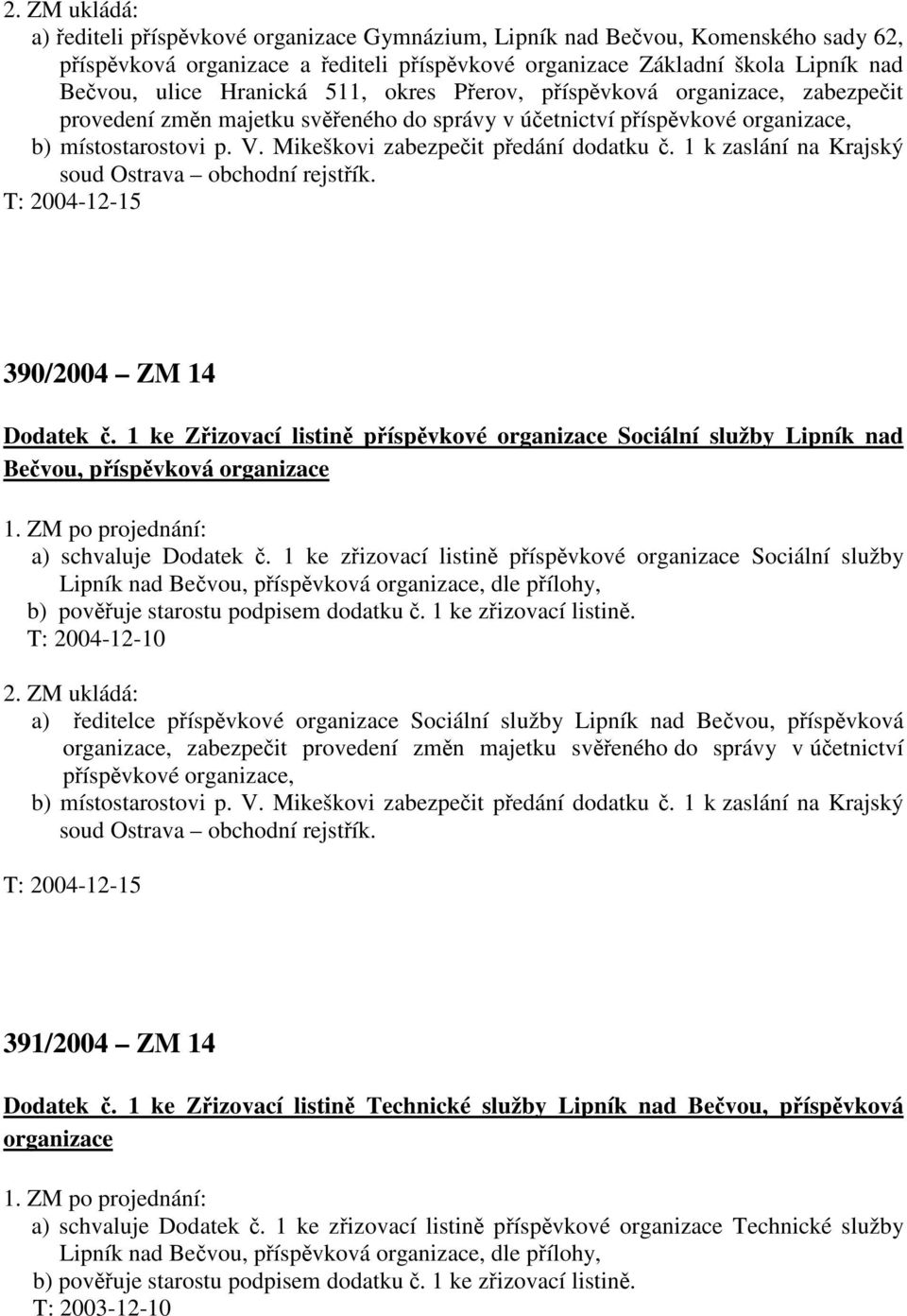 Mikeškovi zabezpečit předání dodatku č. 1 k zaslání na Krajský soud Ostrava obchodní rejstřík. T: 2004-12-15 390/2004 ZM 14 Dodatek č.