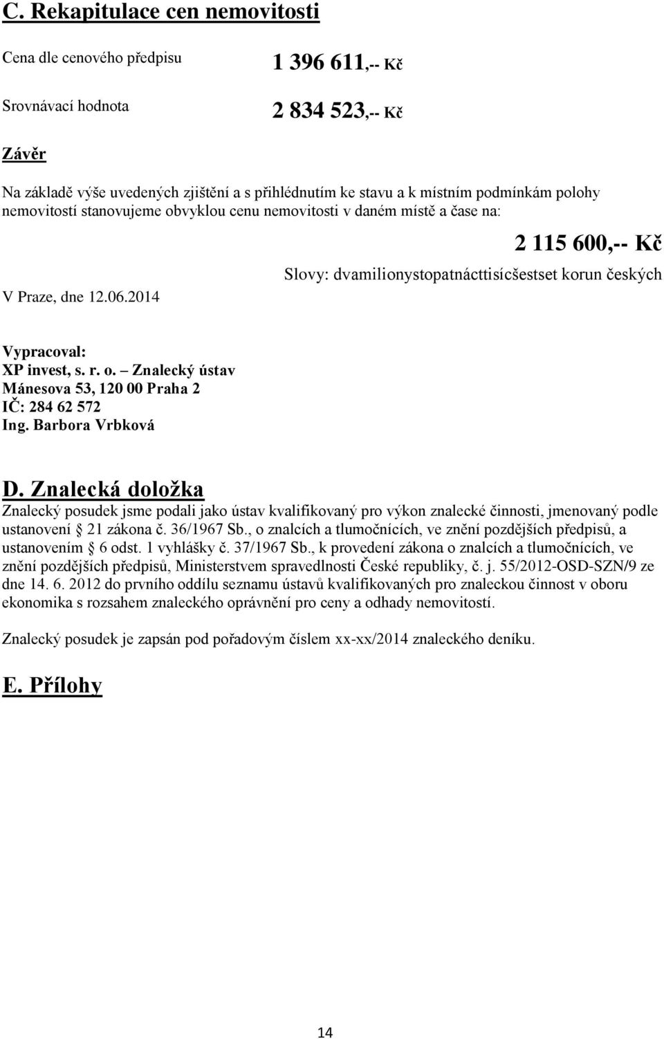 2014 2 115 600,-- Kč Slovy: dvamilionystopatnácttisícšestset korun českých Vypracoval: XP invest, s. r. o. Znalecký ústav Mánesova 53, 120 00 Praha 2 IČ: 284 62 572 Ing. Barbora Vrbková D.