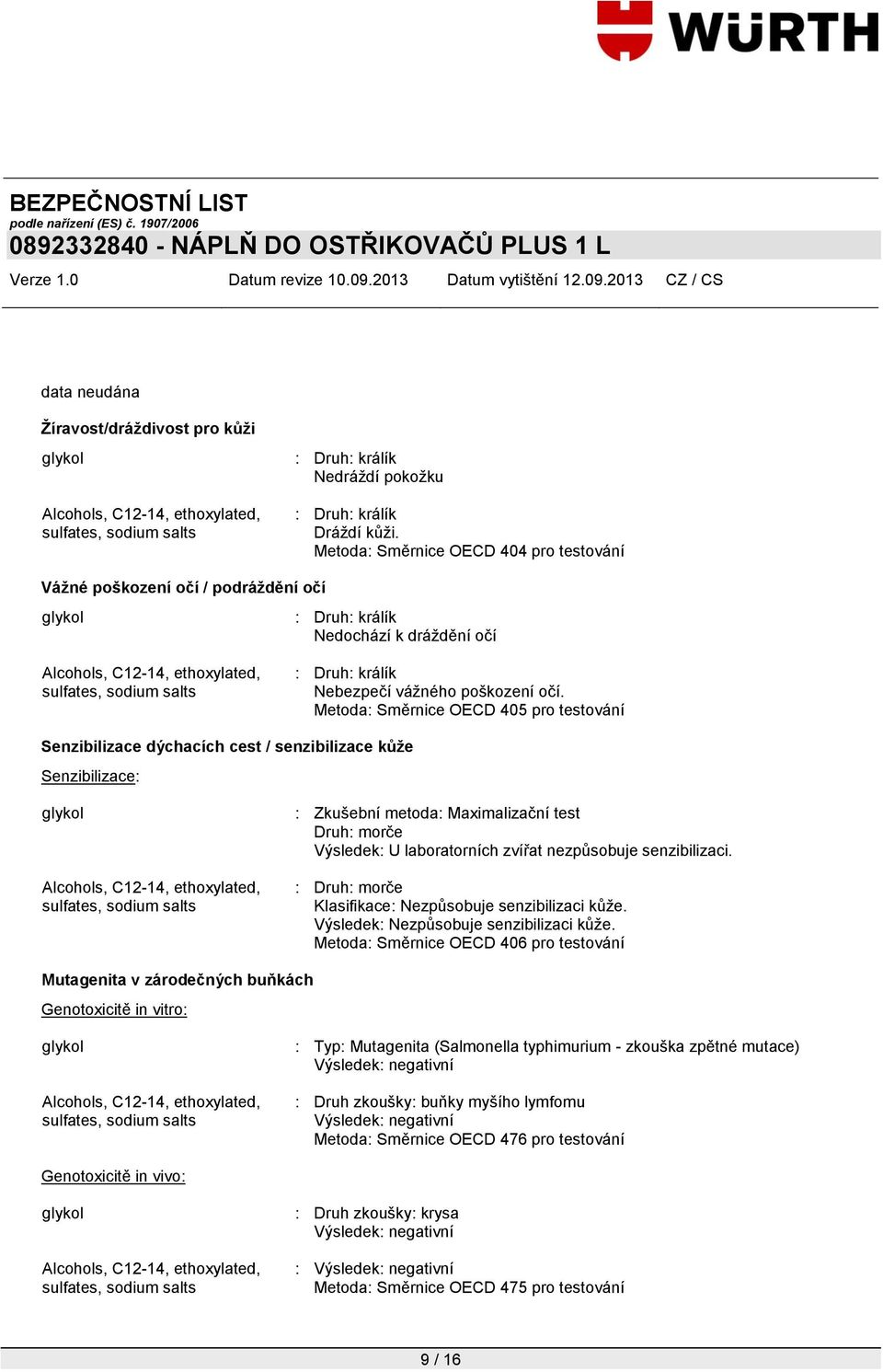 Metoda: Směrnice OECD 405 pro testování Senzibilizace dýchacích cest / senzibilizace kůže Senzibilizace: : Zkušební metoda: Maximalizační test Druh: morče Výsledek: U laboratorních zvířat nezpůsobuje