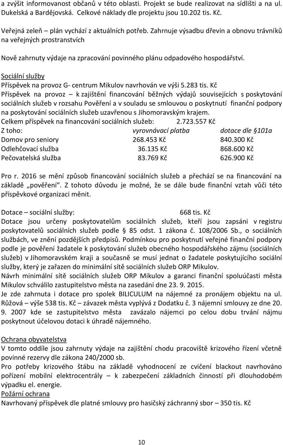 Sociální služby Příspěvek na provoz G- centrum Mikulov navrhován ve výši 5.283 tis.