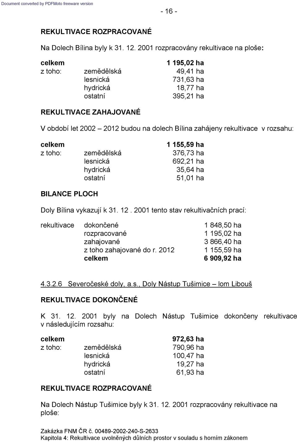 155,59 ha z toho: zemědělská 376,73 ha 692,21 ha 35,64 ha 51,01 ha Doly Bílina vykazují k 31. 12.