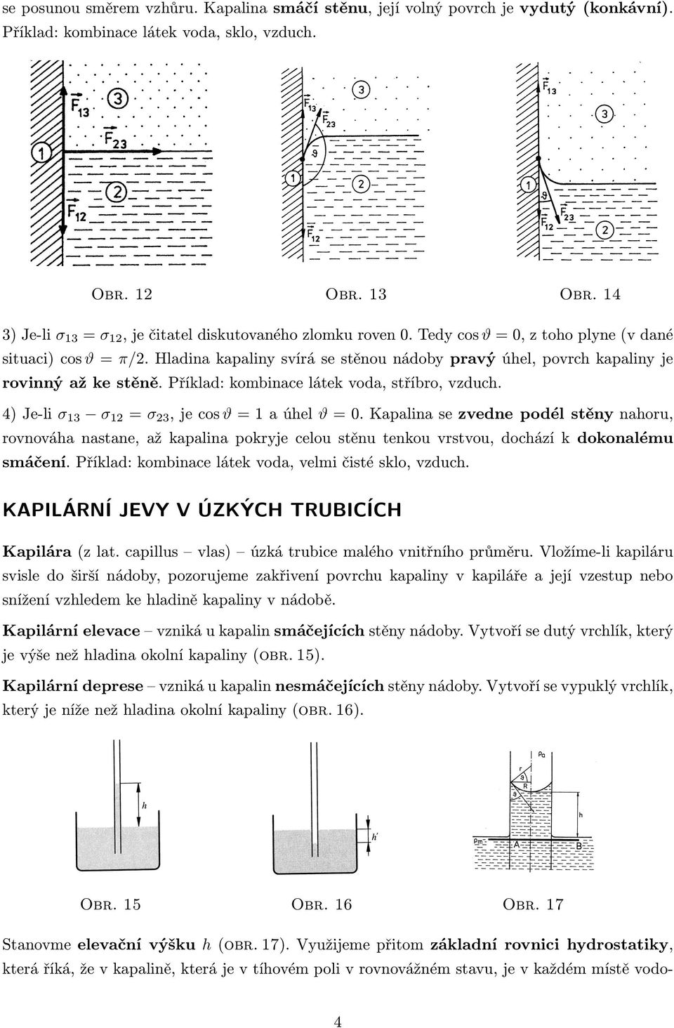 Hladina kapaliny svírá se stěnou nádoby pravý úhel, povrch kapaliny je rovinný až ke stěně. Příklad: kombinace látek voda, stříbro, vzduch. 4) Je-li σ 13 σ 12 = σ 23, je cos ϑ = 1 a úhel ϑ = 0.