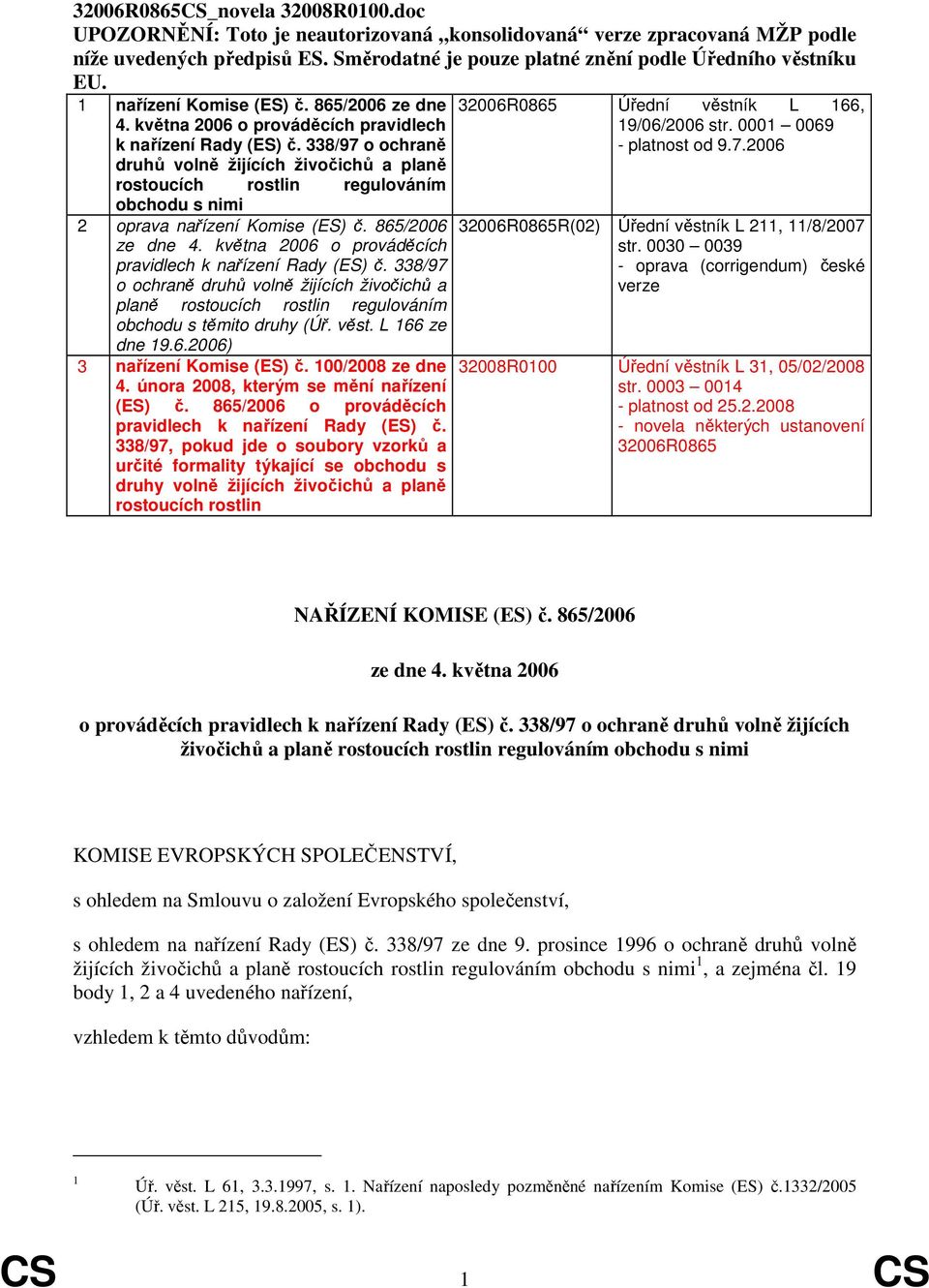 338/97 o ochraně druhů volně žijících živočichů a planě rostoucích rostlin regulováním obchodu s nimi 2 oprava nařízení Komise (ES) č. 865/2006 ze dne 4.