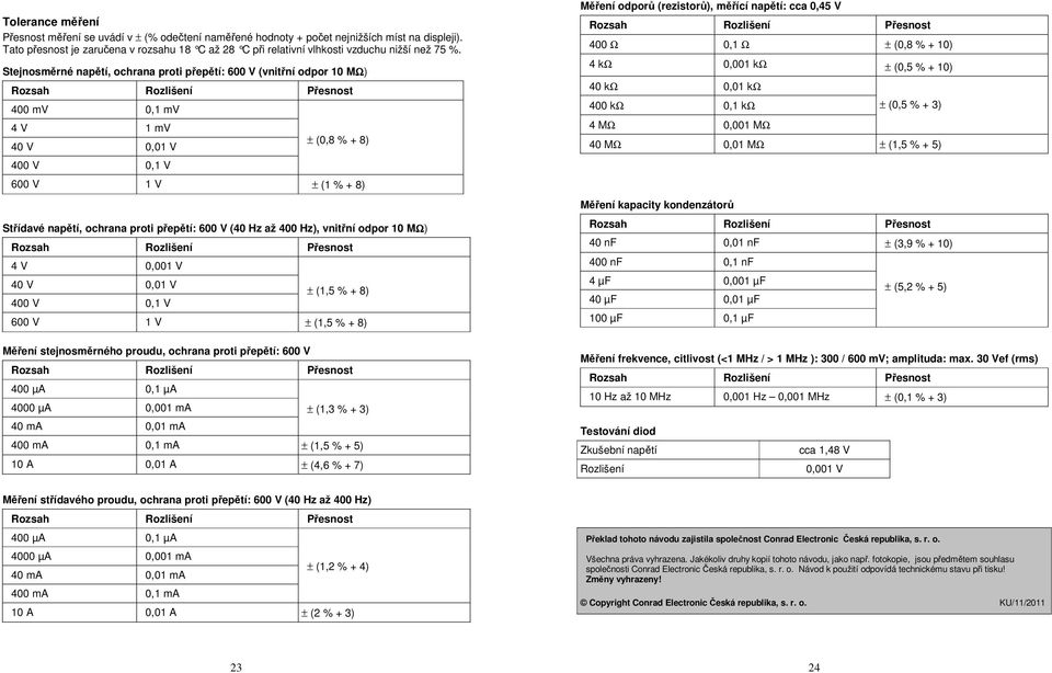 Stejnosměrné napětí, ochrana proti přepětí: 600 V (vnitřní odpor 10 MΩ) 400 mv 0,1 mv 4 V 1 mv 40 V 0,01 V 400 V 0,1 V ± (0,8 % + 8) 600 V 1 V ± (1 % + 8) Střídavé napětí, ochrana proti přepětí: 600