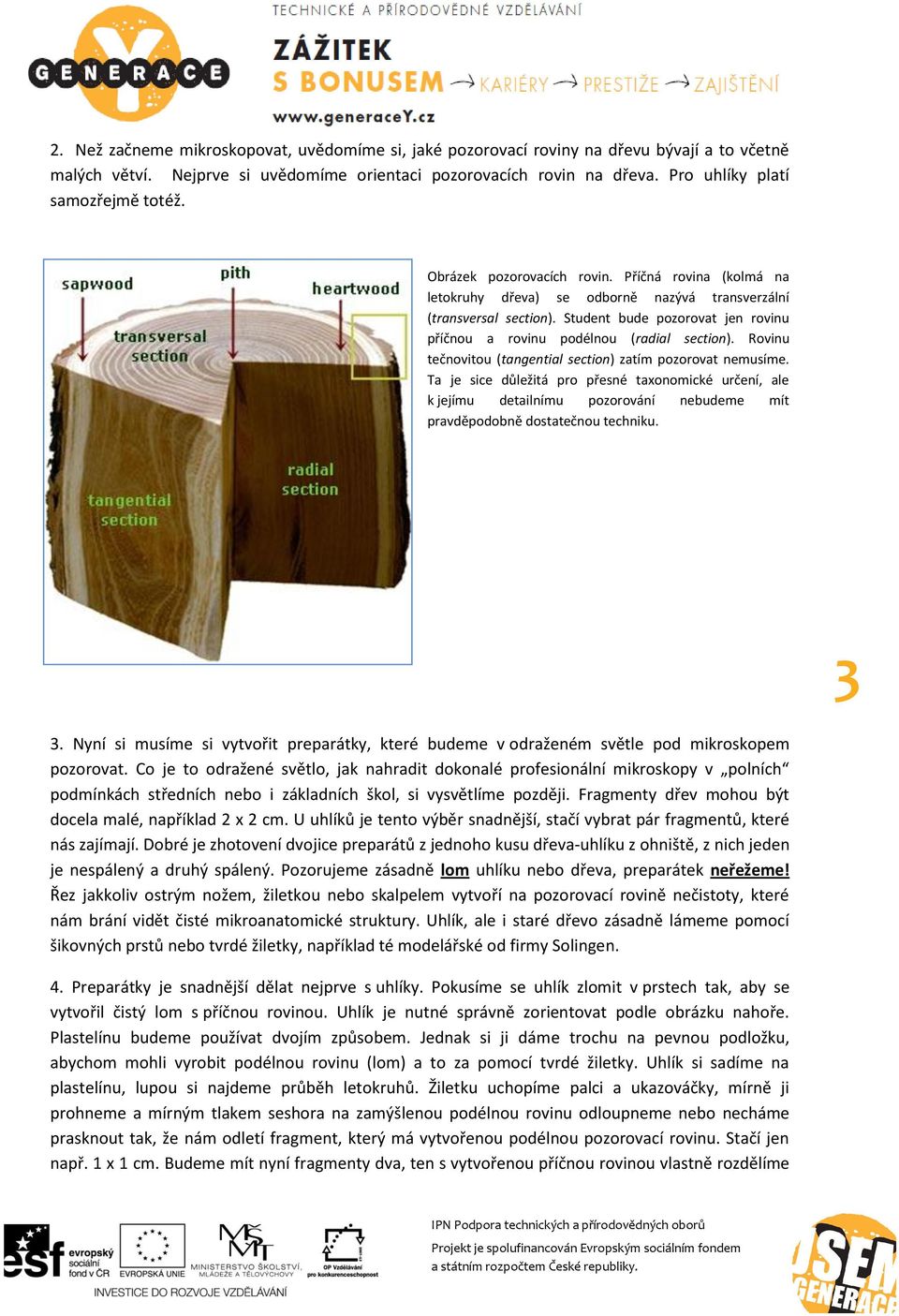 Student bude pozorovat jen rovinu příčnou a rovinu podélnou (radial section). Rovinu tečnovitou (tangential section) zatím pozorovat nemusíme.