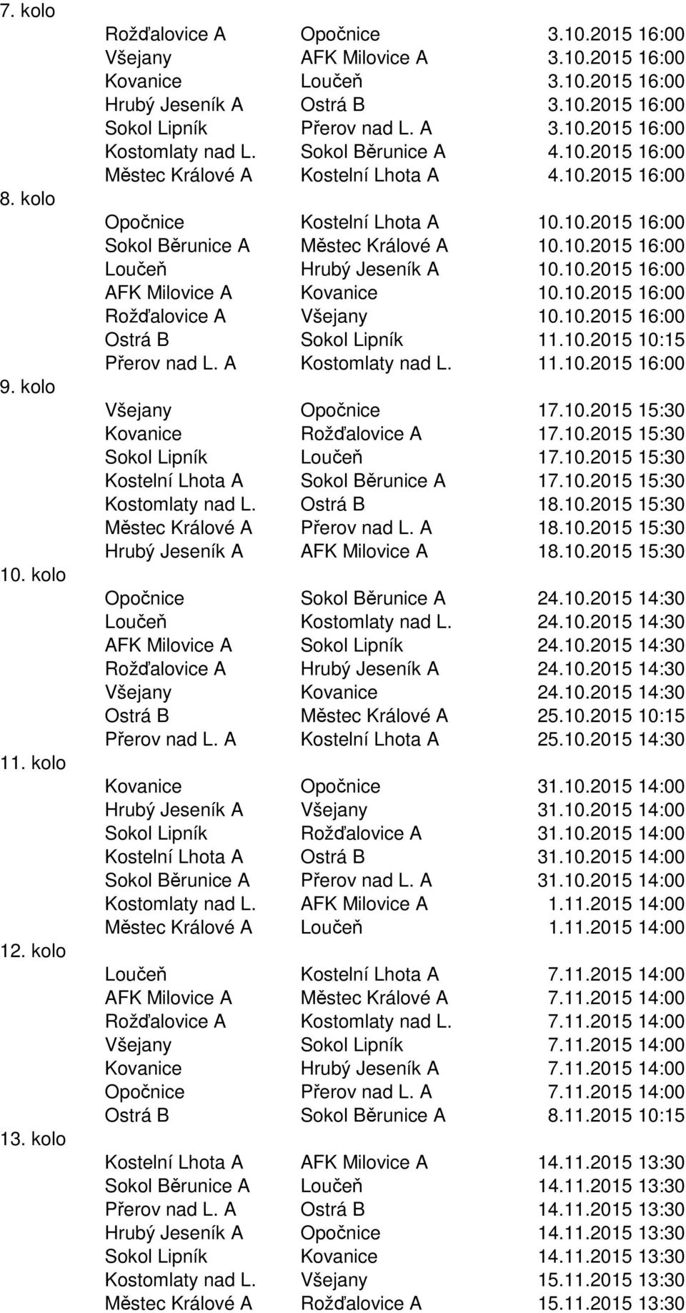 10.2015 16:00 Loučeň Hrubý Jeseník A 10.10.2015 16:00 AFK Milovice A Kovanice 10.10.2015 16:00 Rožďalovice A Všejany 10.10.2015 16:00 Ostrá B Sokol Lipník 11.10.2015 10:15 Přerov nad L.