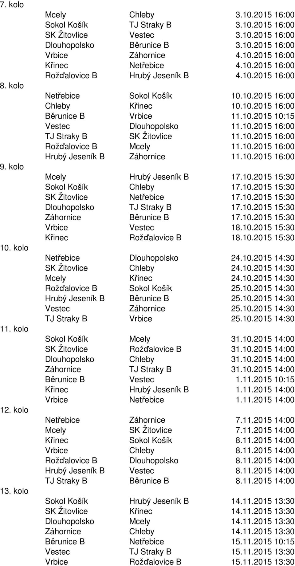 10.2015 16:00 Rožďalovice B Mcely 11.10.2015 16:00 Hrubý Jeseník B Záhornice 11.10.2015 16:00 Mcely Hrubý Jeseník B 17.10.2015 15:30 Sokol Košík Chleby 17.10.2015 15:30 SK Žitovlice Netřebice 17.10.2015 15:30 Dlouhopolsko TJ Straky B 17.