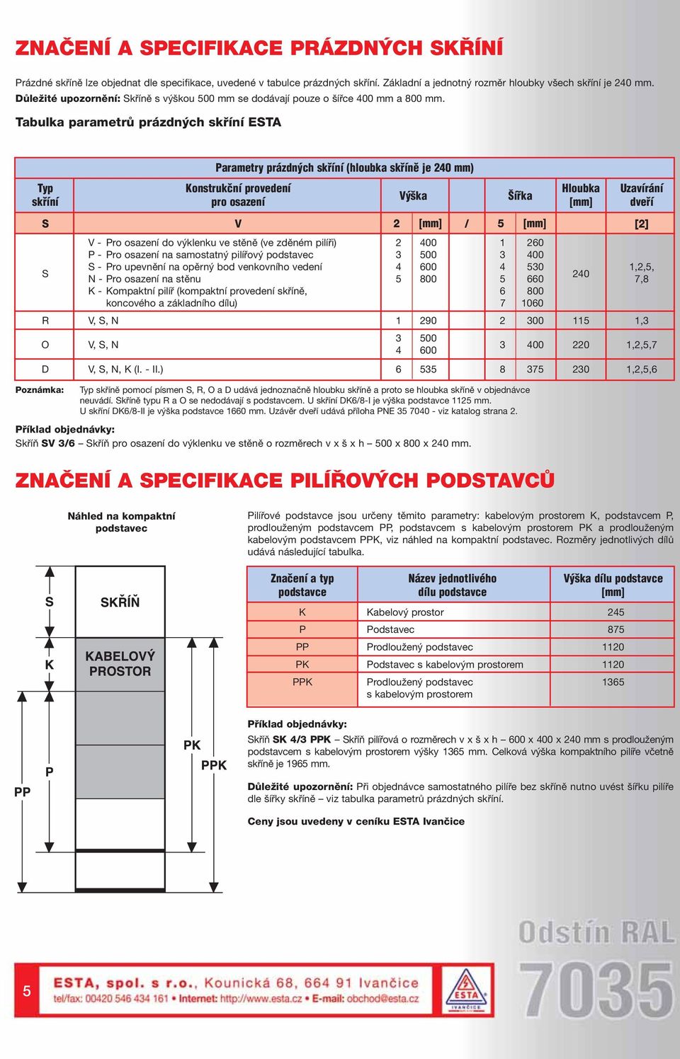 Tabulka parametrû prázdn ch skfiíní ESTA Parametry prázdn ch skfiíní (hloubka skfiínû je 240 mm) Typ Konstrukãní provedení Hloubka Uzavírání V ka ífika skfiíní pro osazení [mm] dvefií S V 2 [mm] / 5