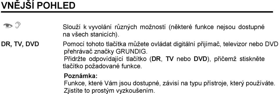 Pomocí tohoto tlačítka můžete ovládat digitální přijímač, televizor nebo DVD přehrávač značky GRUNDIG.