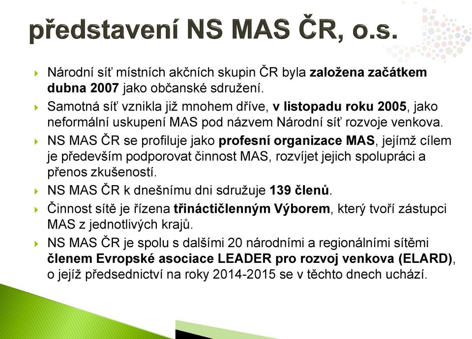NS MAS ČR se profiluje jako profesní organizace MAS, jejímž cílem je především podporovat činnost MAS, rozvíjet jejich spolupráci a přenos zkušeností.