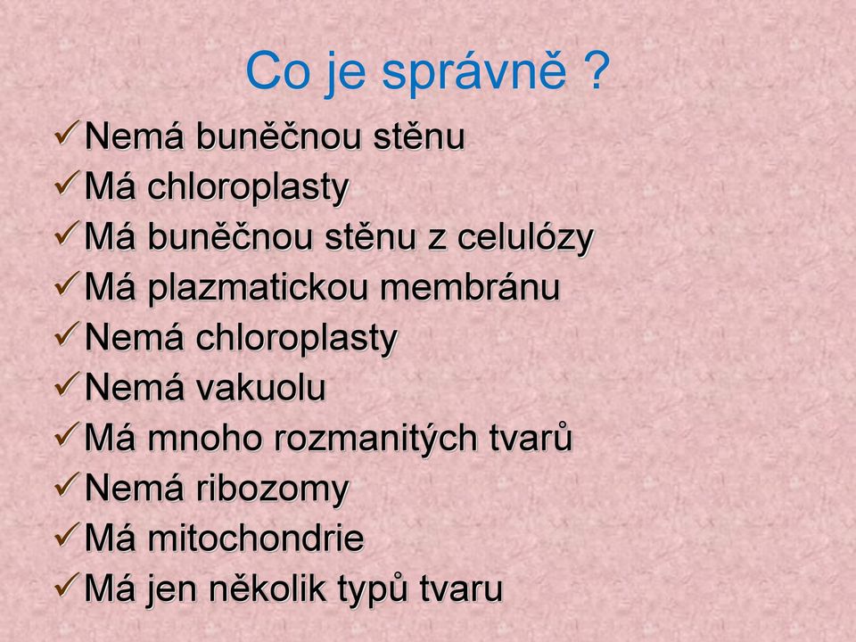 z celulózy Má plazmatickou membránu Nemá chloroplasty