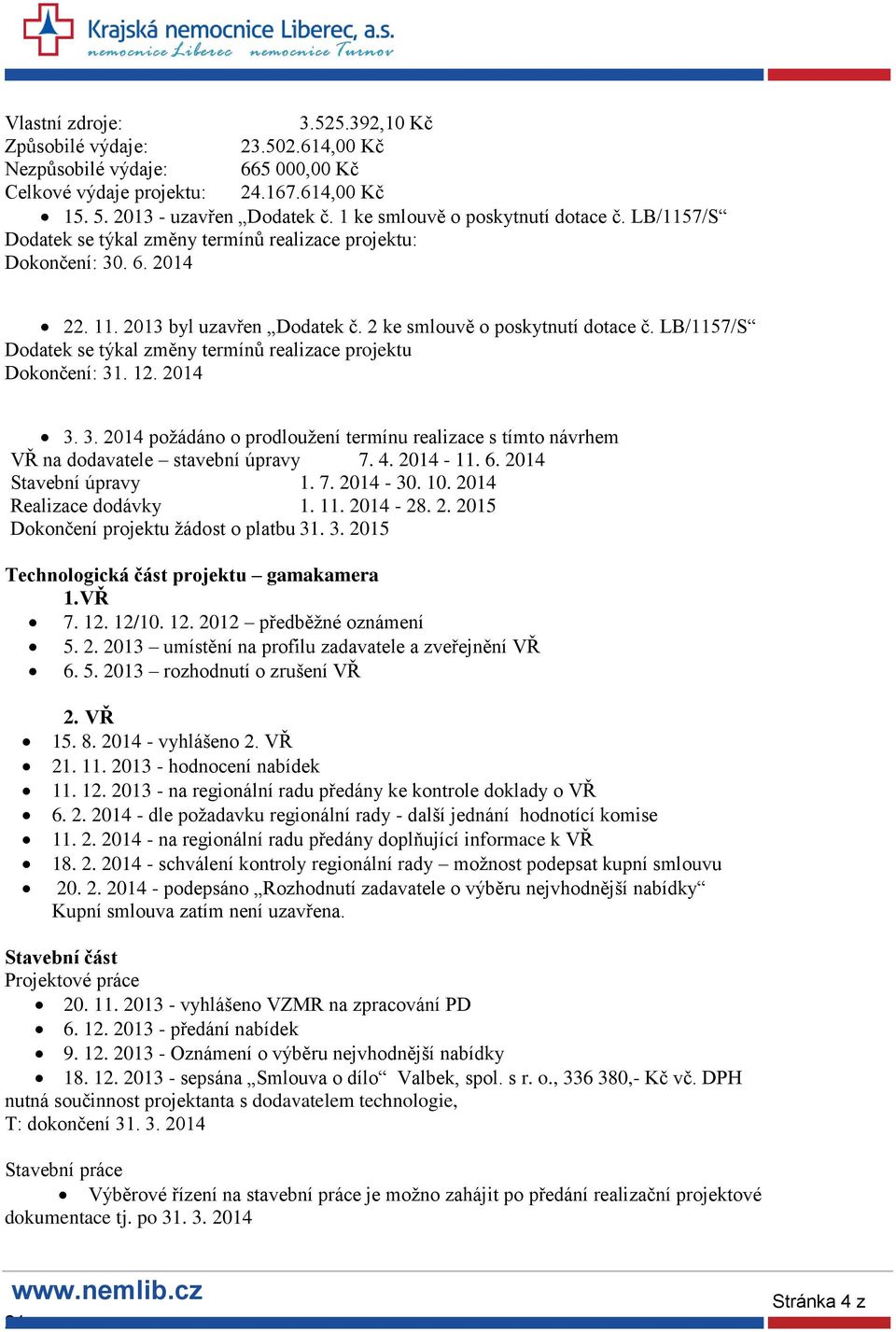 LB/1157/S Dodatek se týkal změny termínů realizace projektu Dokončení: 31. 12. 2014 3. 3. 2014 požádáno o prodloužení termínu realizace s tímto návrhem VŘ na dodavatele stavební úpravy 7. 4. 2014-11.